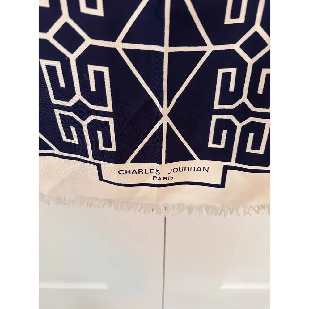 Charles Jourdan Paris Vintage Silk Scarf Navy Blue Cream Greek Key Geometric